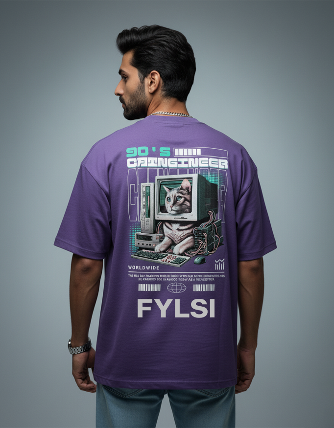 Fylsi 90s Cat Engineer Oversize T-Shirt – Purple