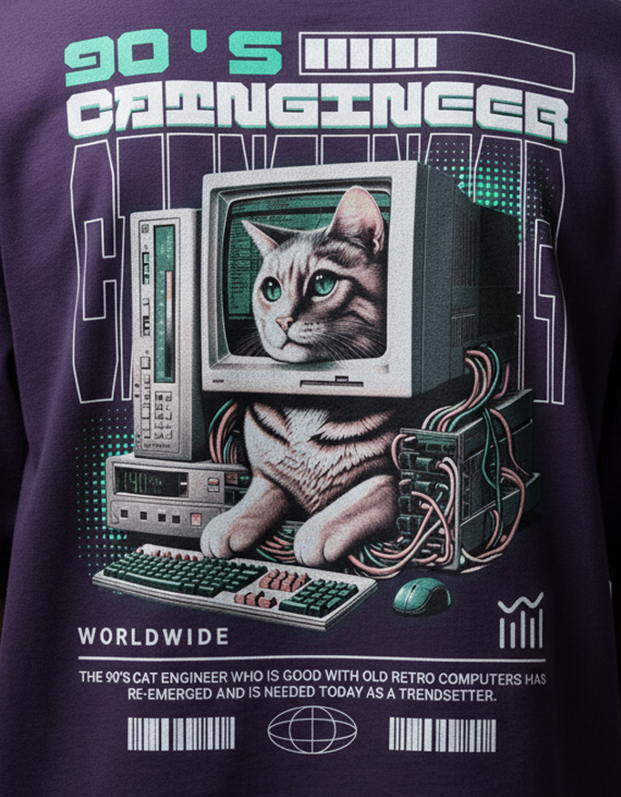 Fylsi 90s Cat Engineer Oversize T-Shirt – Purple